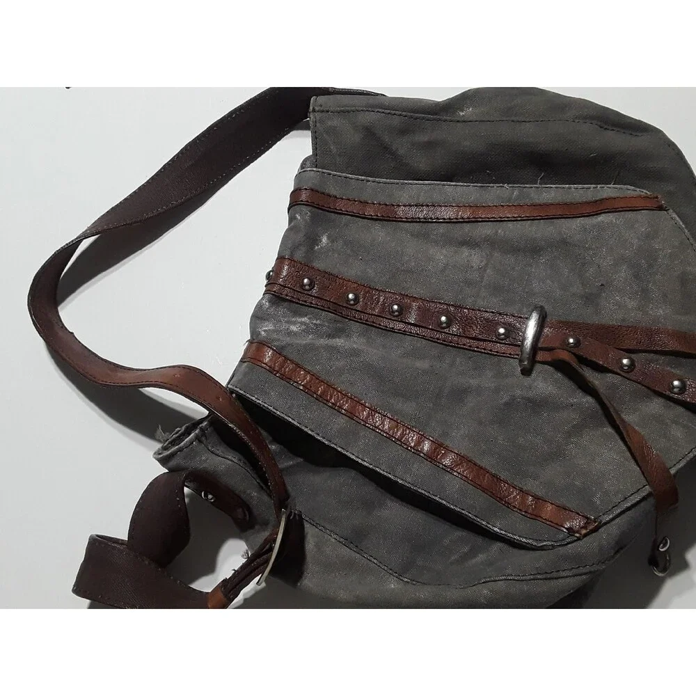 Canvas Crossbody Bag Leather Trim Studded Flap‎ Purse Shoulder Bag